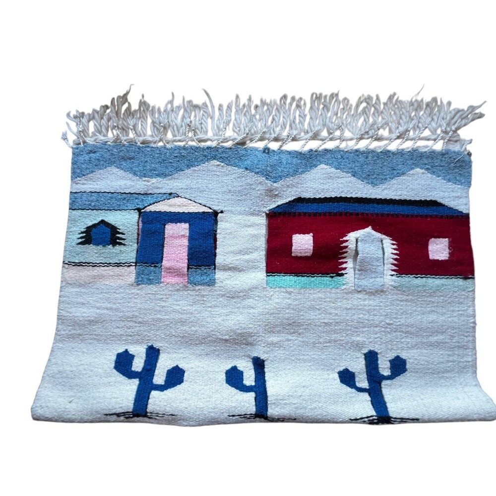Handwoven Cotton Wool Southwestern-Style Wall Hanging Or Rug With Cactus & Villa - Picture 7 of 10
